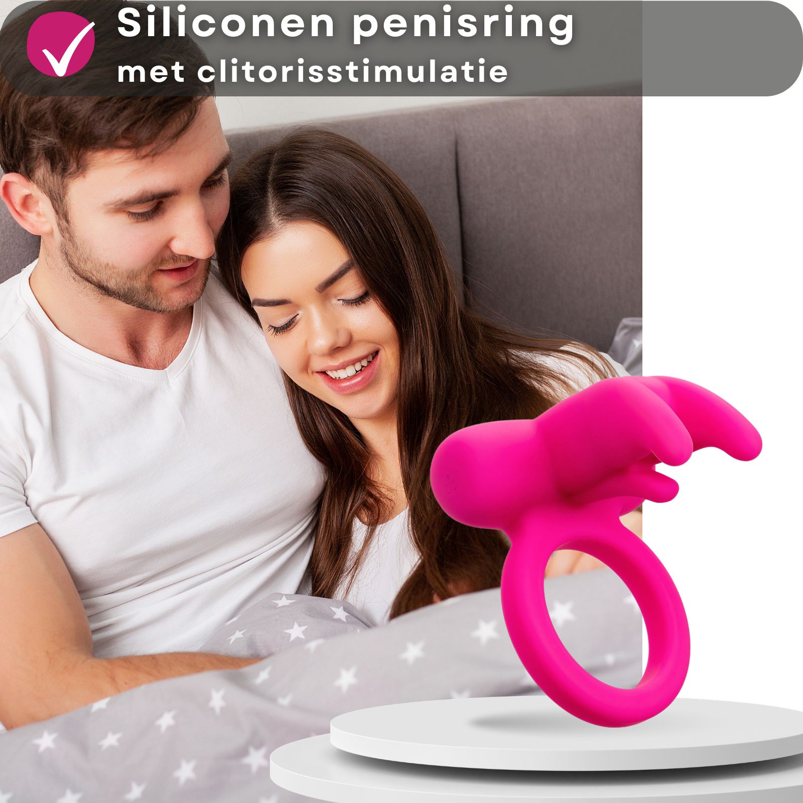 Roze penisring met clitorisstimulatie. Koppel op de achtergrond. Tekst: siliconen ring met stimulatie.
