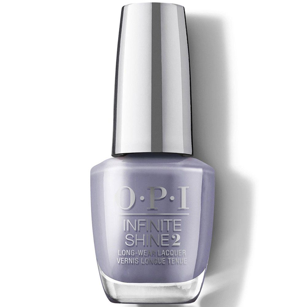 Flacon de vernis à ongles OPI Infinite Shine 2. Vernis violet, bouchon argenté. Inscription visible.