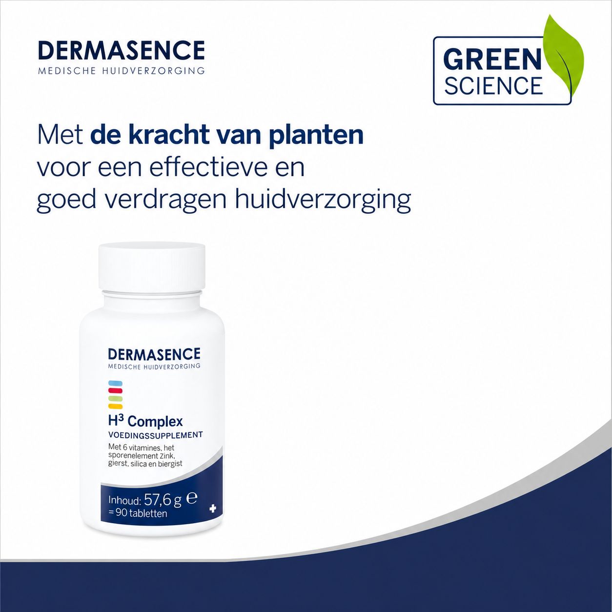 Witte fles Dermasence H³ Complex voedingssupplement met 90 tabletten.