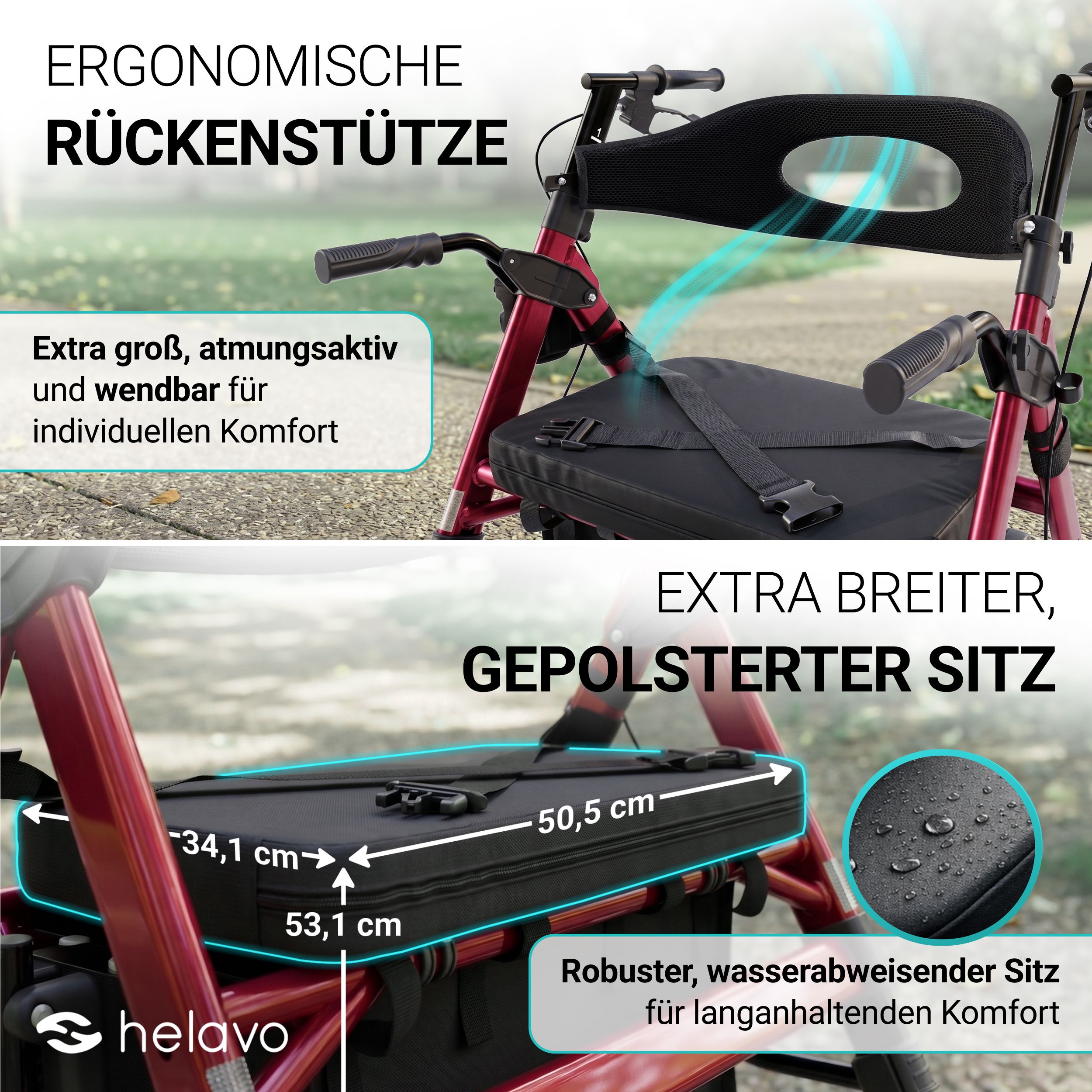 Dossier ergonomique et siège rembourré d'un déambulateur avec dimensions.