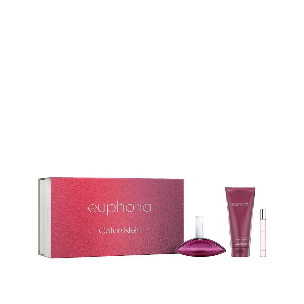 Geschenkset met parfum, tube en verstuiver. Rode en witte verpakking. Opschrift "euphoria" en "Calvin Klein".
