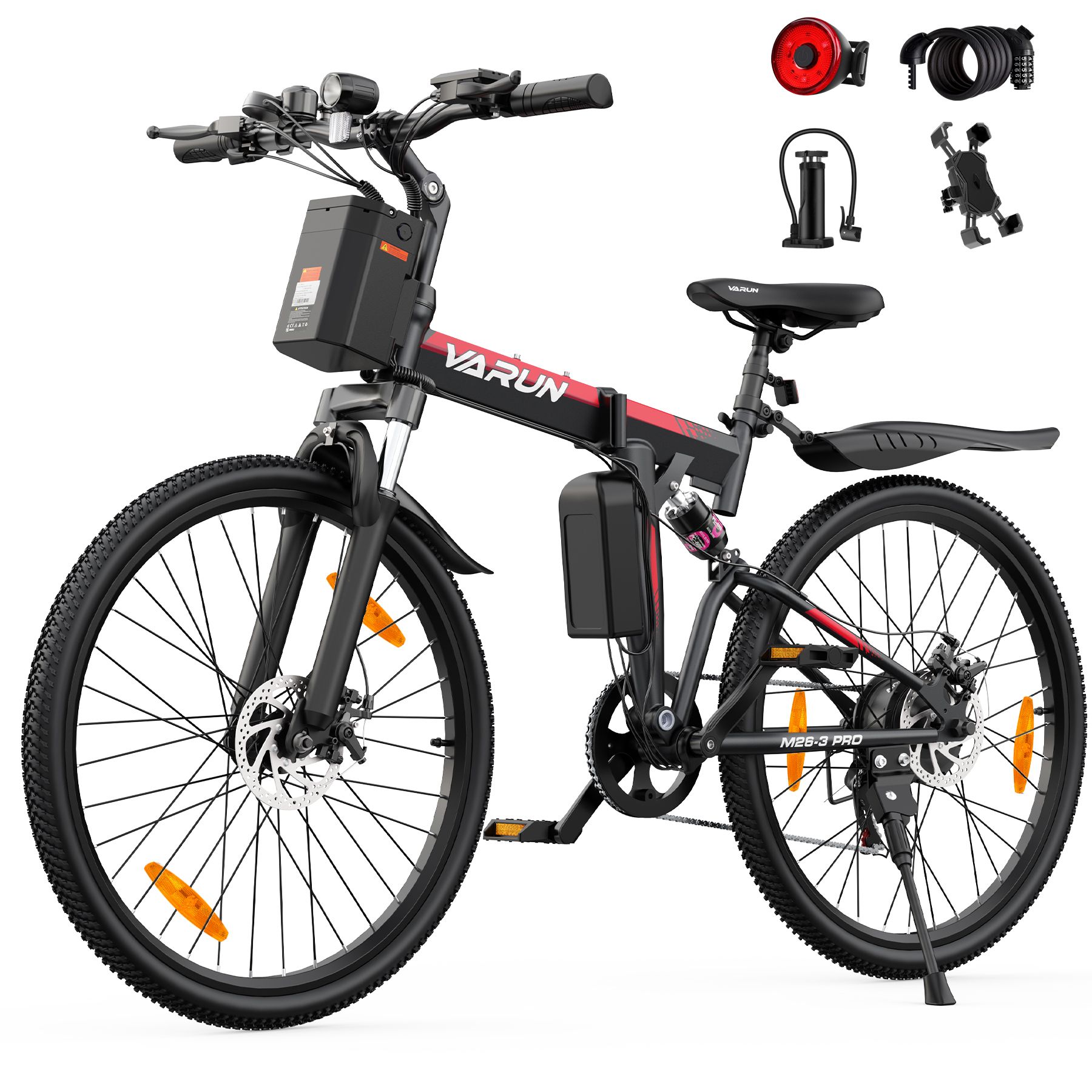 E-bike avec accessoires: feu arrière, pompe, support téléphone. Vélo noir avec détails rouges. Logo VARUN.