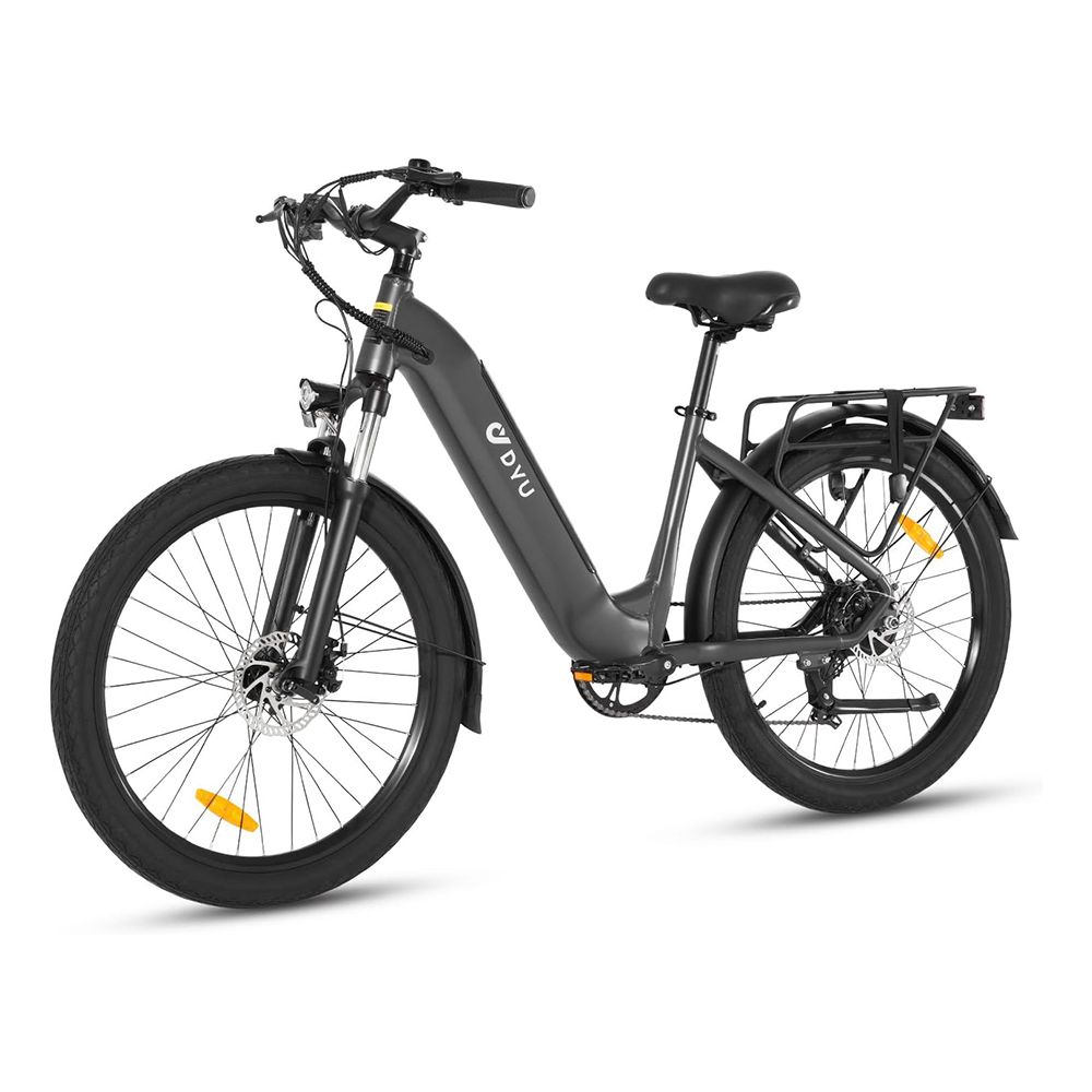 Vélo électrique gris DYU C1. Pneus noirs, porte-bagages, garde-boue. Réflecteurs jaunes. Logo DYU.