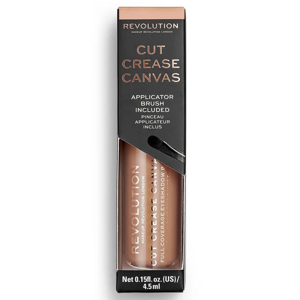 Verpakking van de oogschaduw primer. Zwarte doos met productafbeelding en tekst: CUT CREASE CANVAS, APPLICATOR BRUSH INCLUDED.