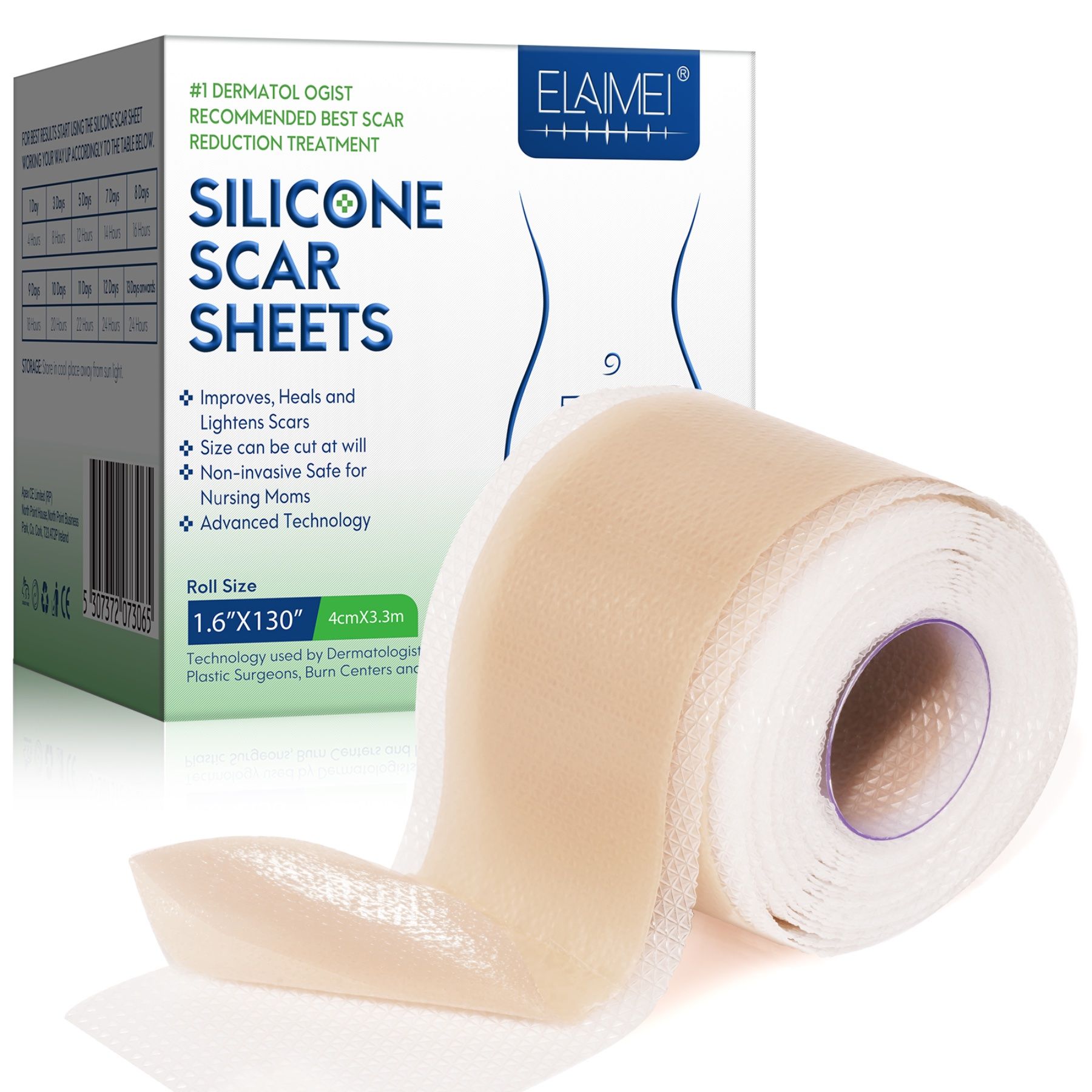 Rol beige siliconen pleisters. Verpakking met productinformatie en merknaam Elaimei.