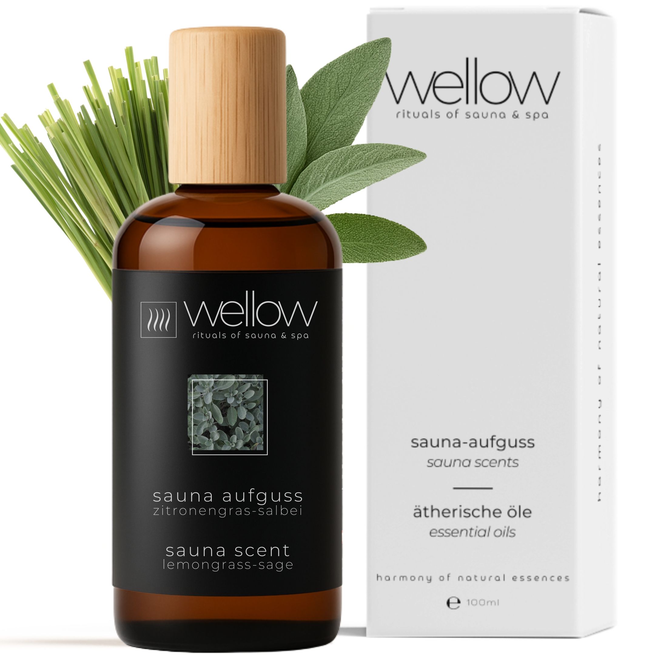 Bruine glazen fles met houten dop en zwart etiket. Opschrift: Sauna-Aufguss Zitronengras-Salbei. Witte verpakking ernaast.