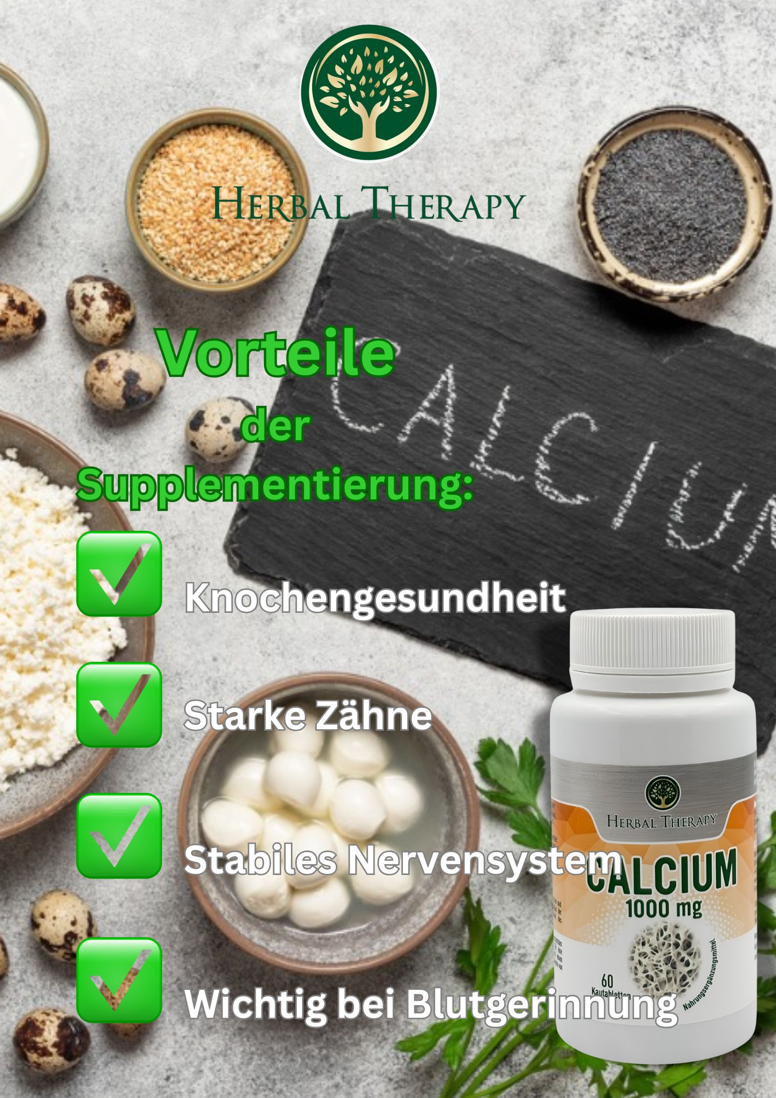 Flacon de produit Calcium 1000 mg à côté d'ingrédients comme des œufs, du fromage blanc et des graines de pavot. Texte : Avantages de la supplémentation.