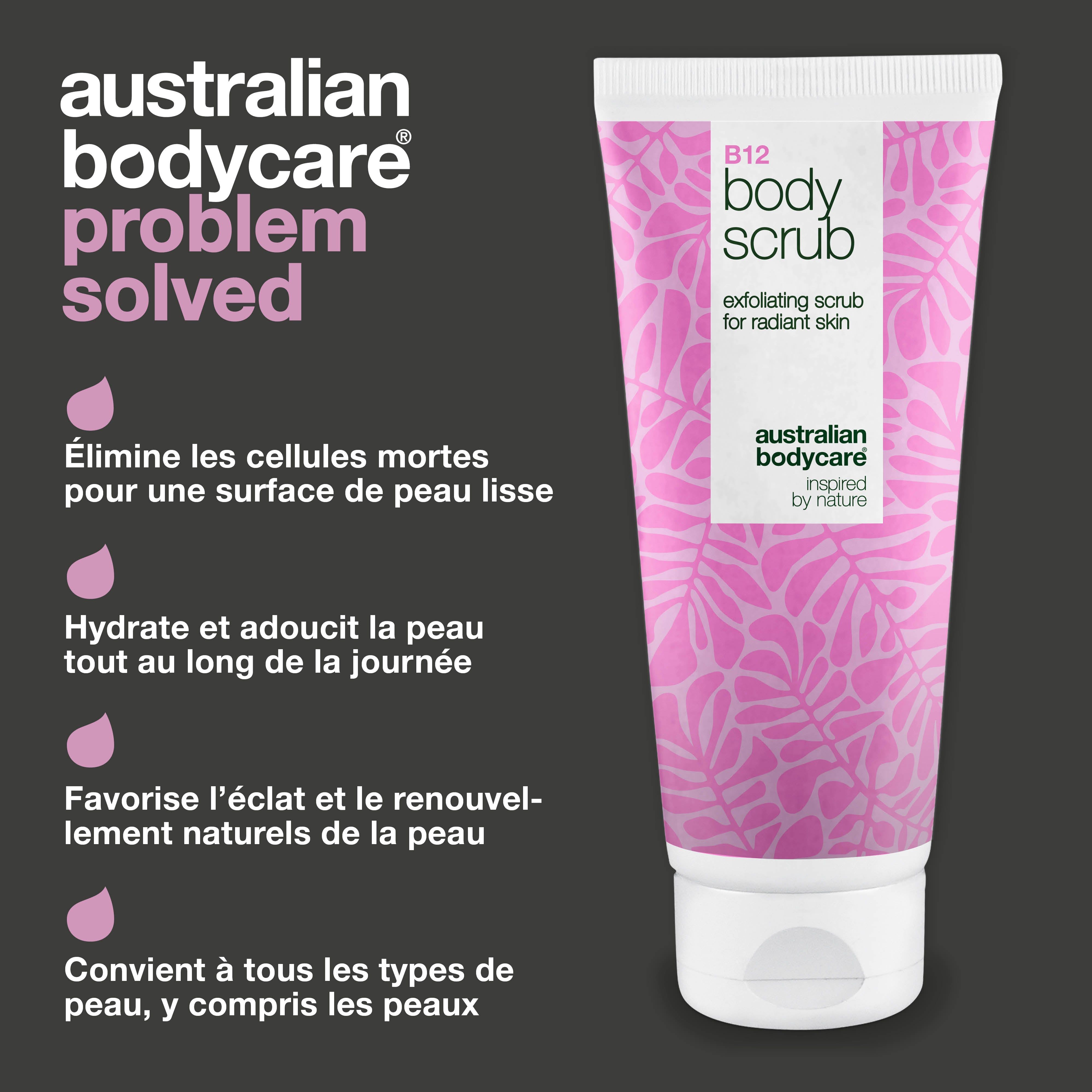 Tube B12 Body Scrub. Texte : Élimine les cellules mortes, hydrate, favorise l'éclat. Pour tous les types de peau.