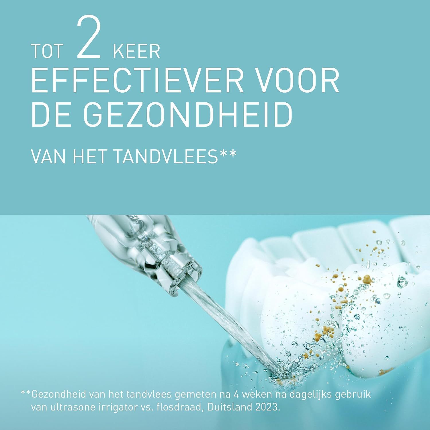 Lachende vrouw, 'Klinisch getest door tandartsen' zegel van Proderm.