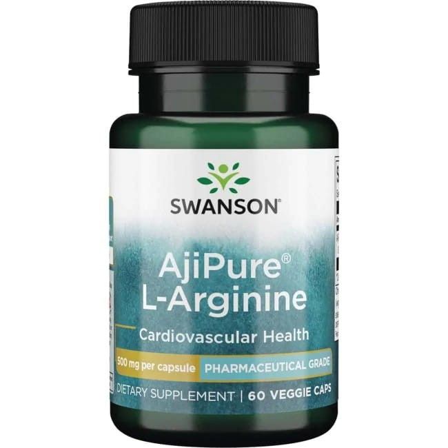 Flacon vert avec bouchon noir. Inscription: Swanson, AjiPure L-Arginine, 500 mg par capsule, complément alimentaire, 60 gélules végétales.