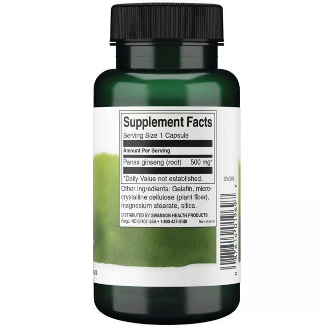 Arrière d'une bouteille verte de ginseng coréen Swanson, informations nutritionnelles.