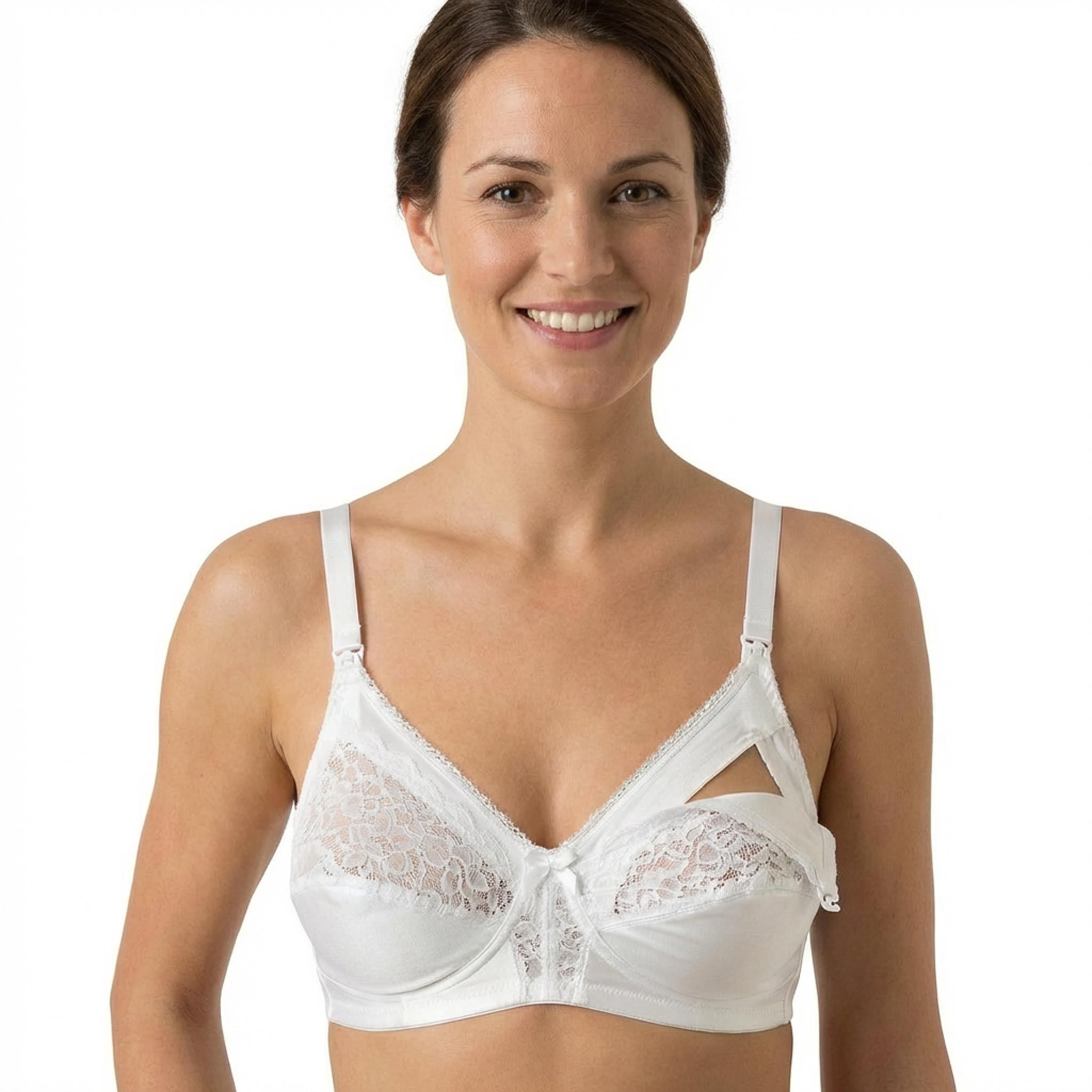 Soutien-gorge d'allaitement blanc en dentelle, bonnet C. Bretelles réglables. Femme portant le soutien-gorge.