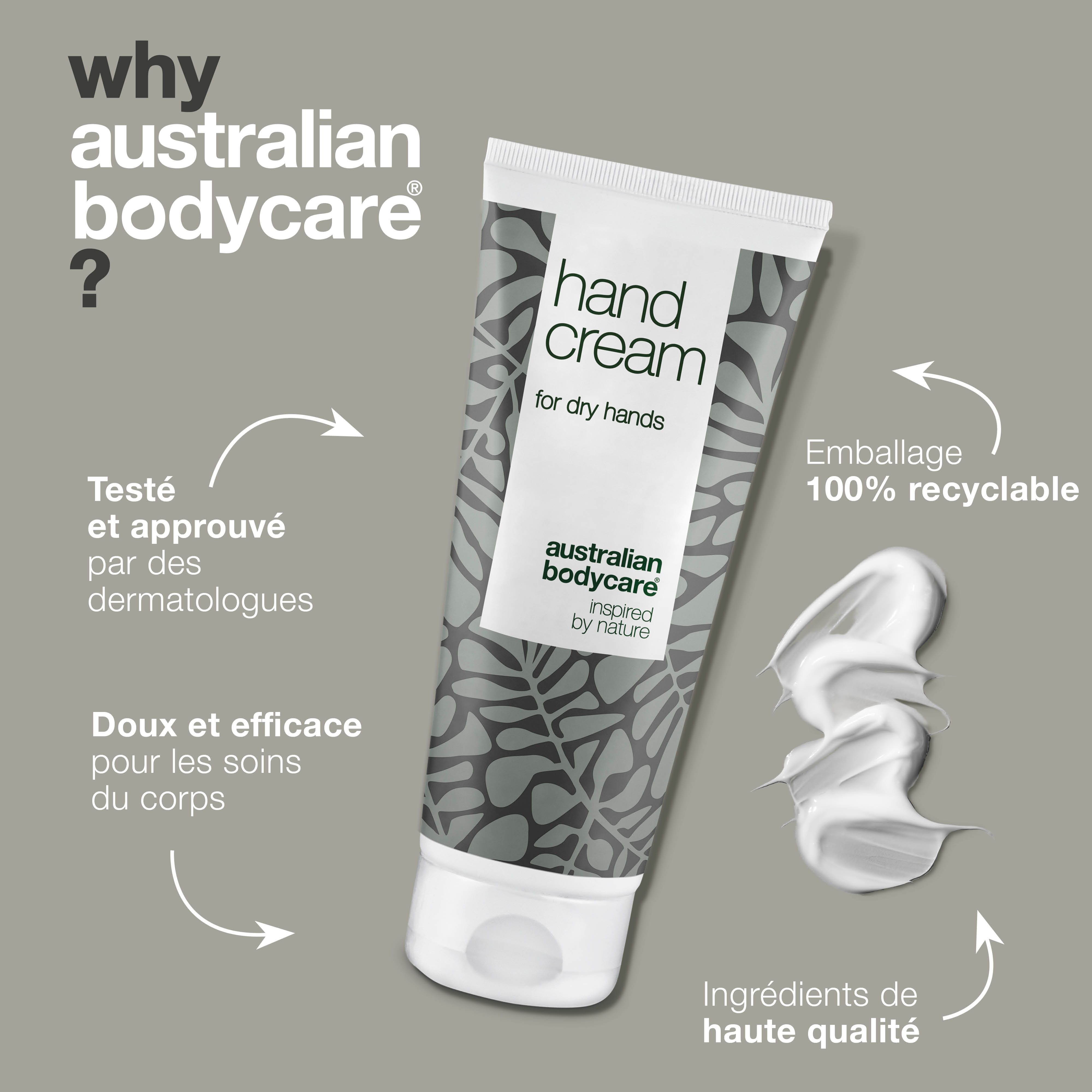 Tube de crème pour les mains et texte. Inscription : Hand Cream, Australian Bodycare.