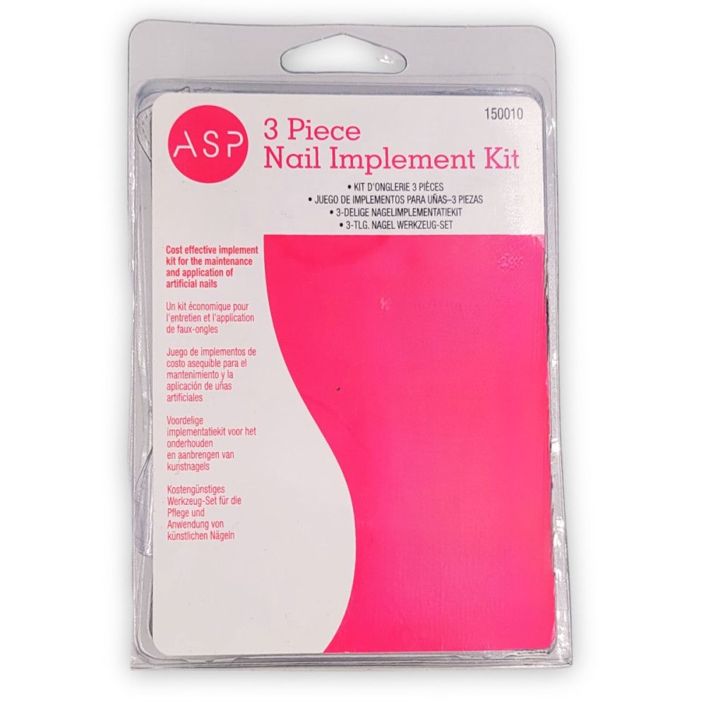 Emballage de kit de manucure. Contient trois pièces. Marque ASP. Texte en anglais, espagnol, allemand, français et néerlandais.
