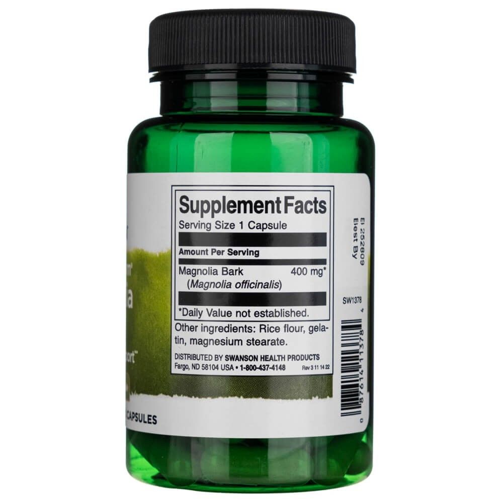 Dos d'une bouteille de Swanson Magnolienrinde, avec les informations nutritionnelles.