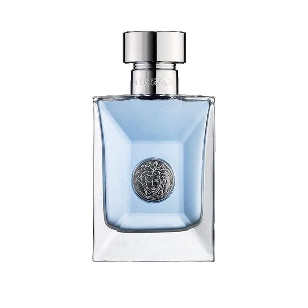 Rechthoekige glazen fles met lichtblauwe vloeistof. Zilveren dop. Rond Medusa-embleem. Merk Versace.