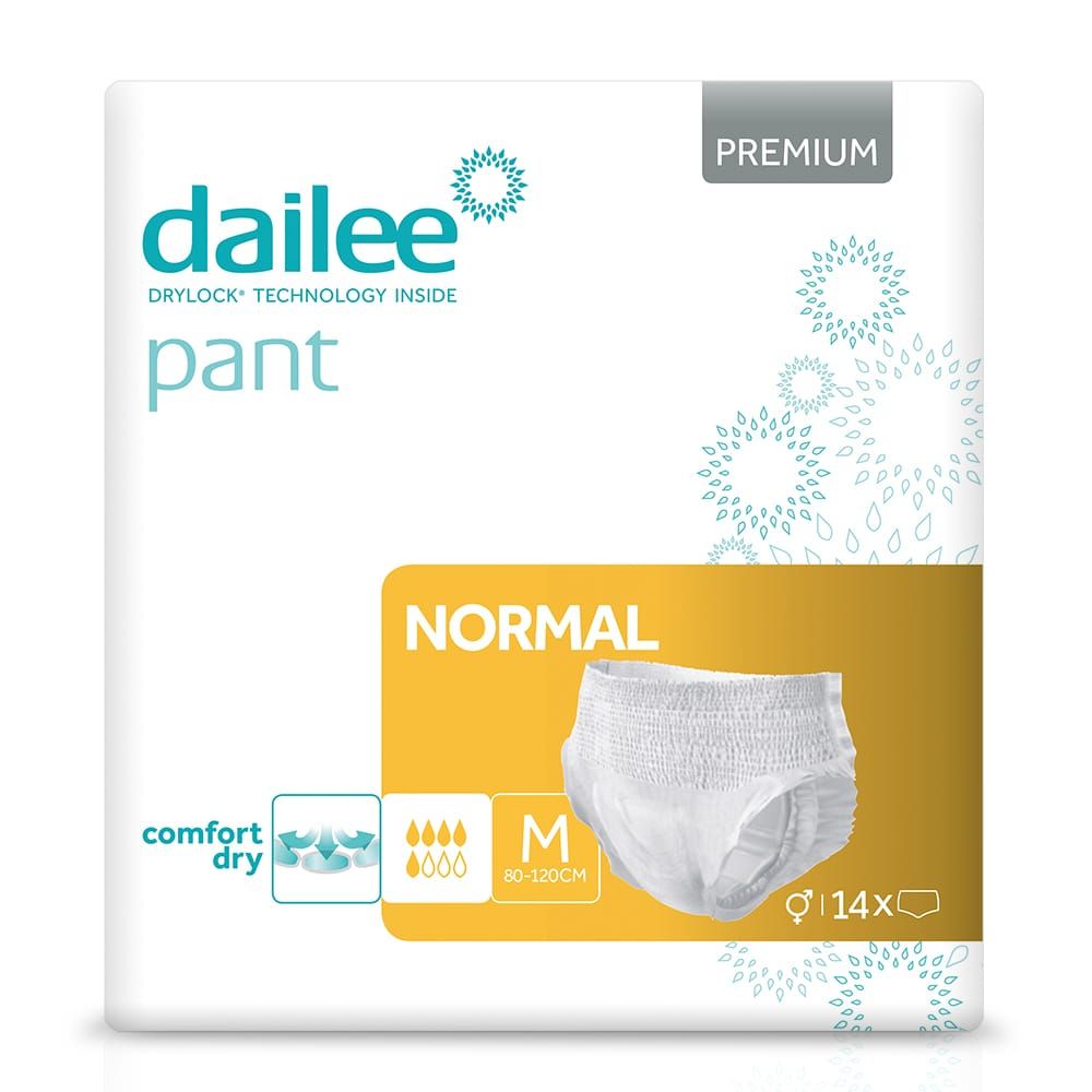 Verpakking Dailee Pant Normal, maat M, 14 stuks. Met productafbeelding. Drylock-technologie.