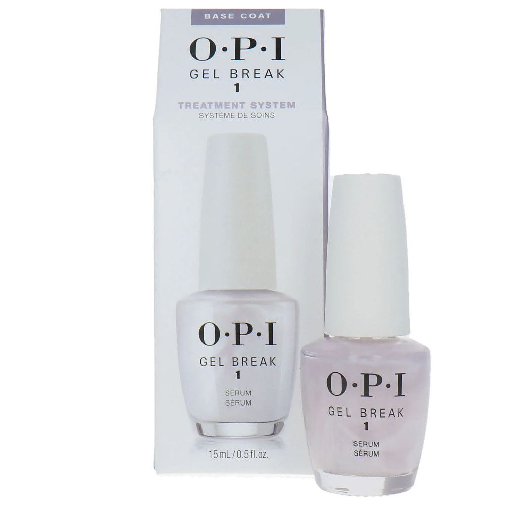 Sérum pour ongles en flacon et emballage. Bouchon blanc, contenu rose. Inscription: OPI Gel Break 1 Serum.