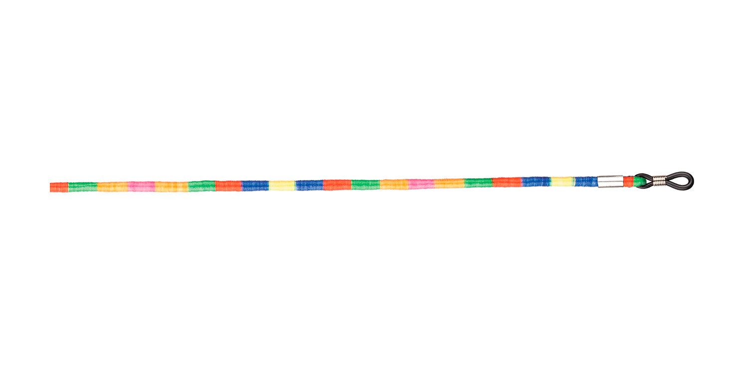 Cordon de lunettes droit, motif multicolore. Boucle noire et attache métallique.