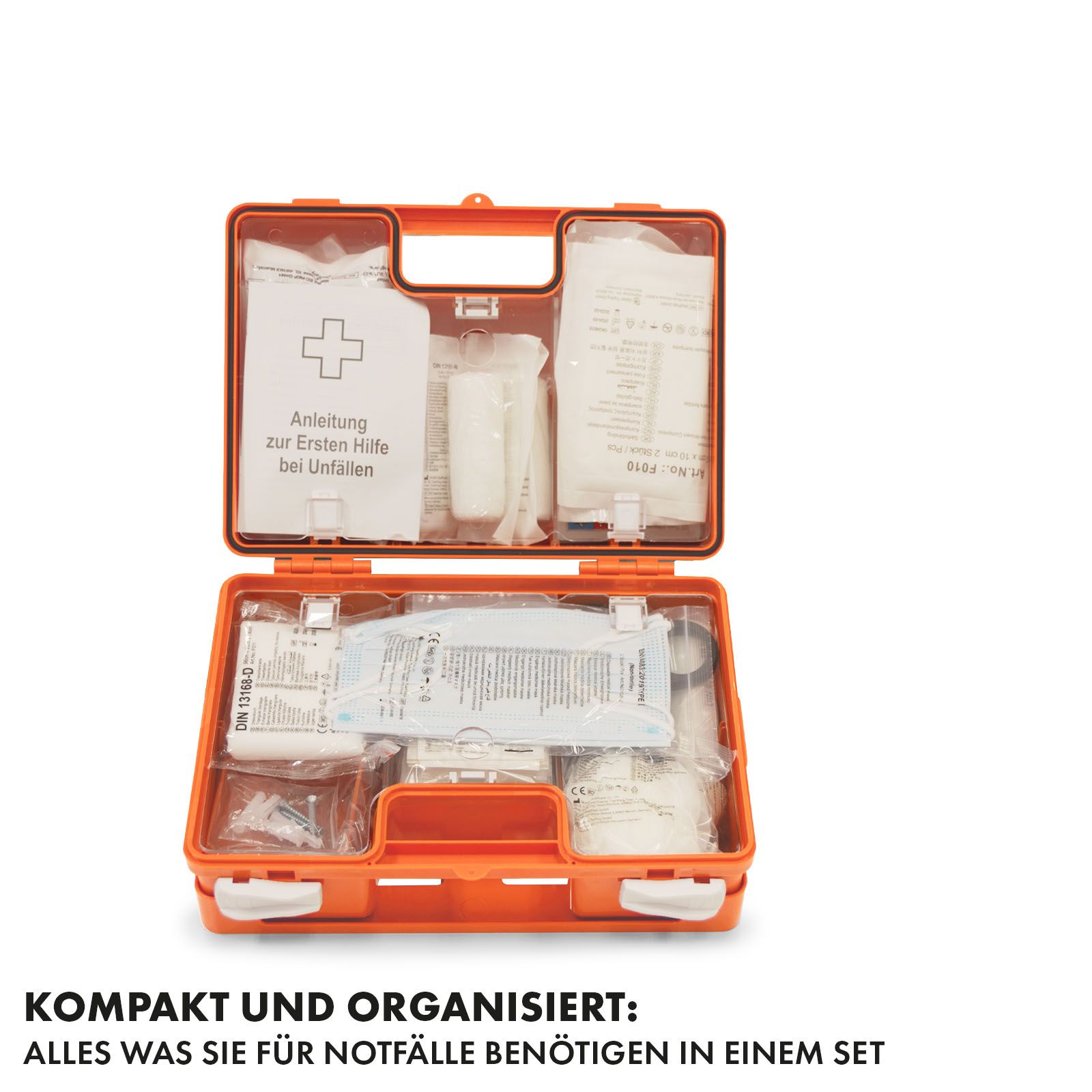 Trousse de premiers secours orange ouverte. Contenu : bandages, instructions, etc. Inscription : Compact et organisé.