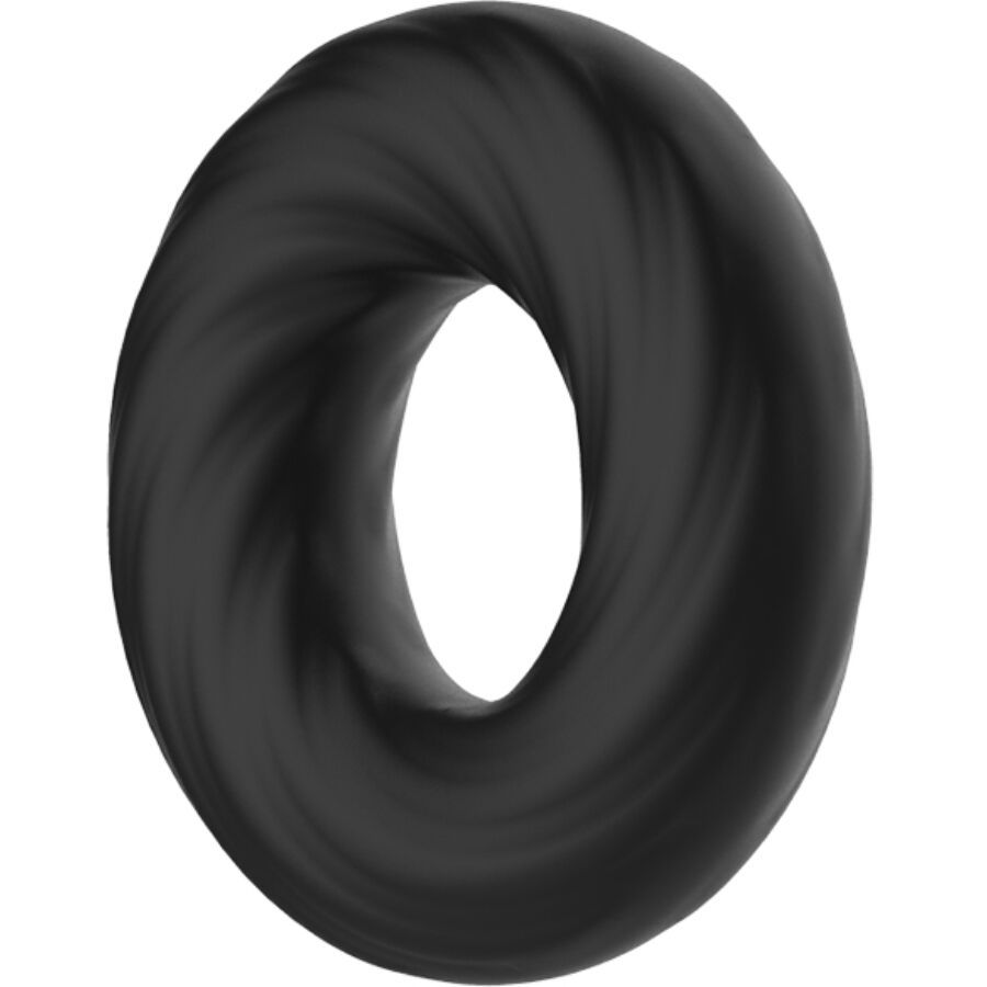 Zwarte siliconen ring met spiraaltextuur, van de zijkant gezien.