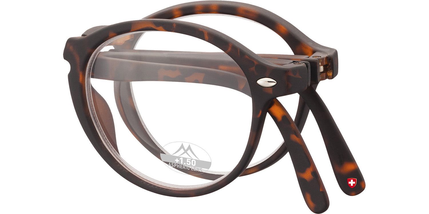 Lunettes de lecture pliées, motif écaille de tortue marron. Logo et croix suisse visibles. Verres avec logo.
