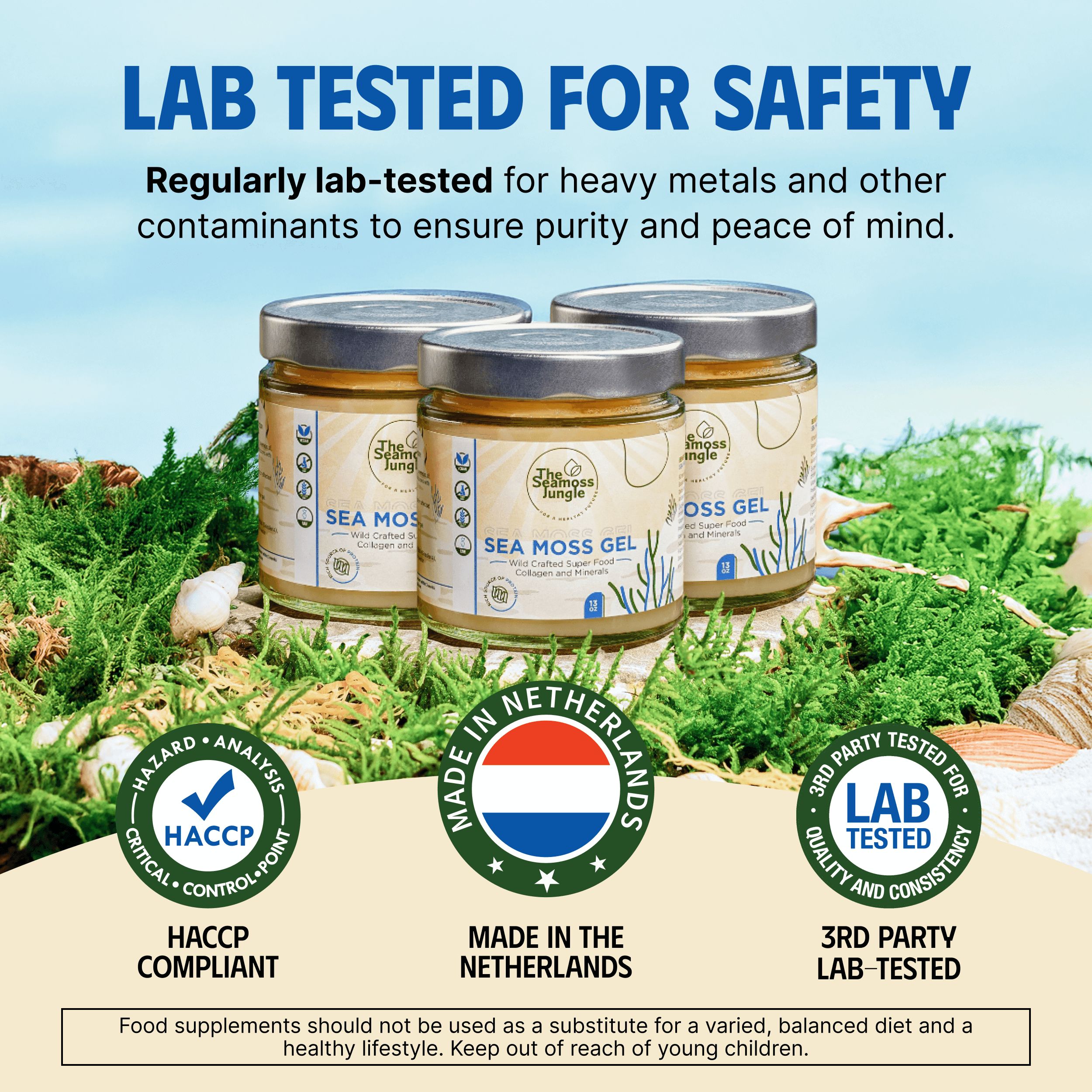 Drie potten Sea Moss Gel. Opschriften: The Seamoss Jungle, Sea Moss Gel. Labels: Made in Netherlands, 3rd Party Lab-Tested, HACCP Compliant.