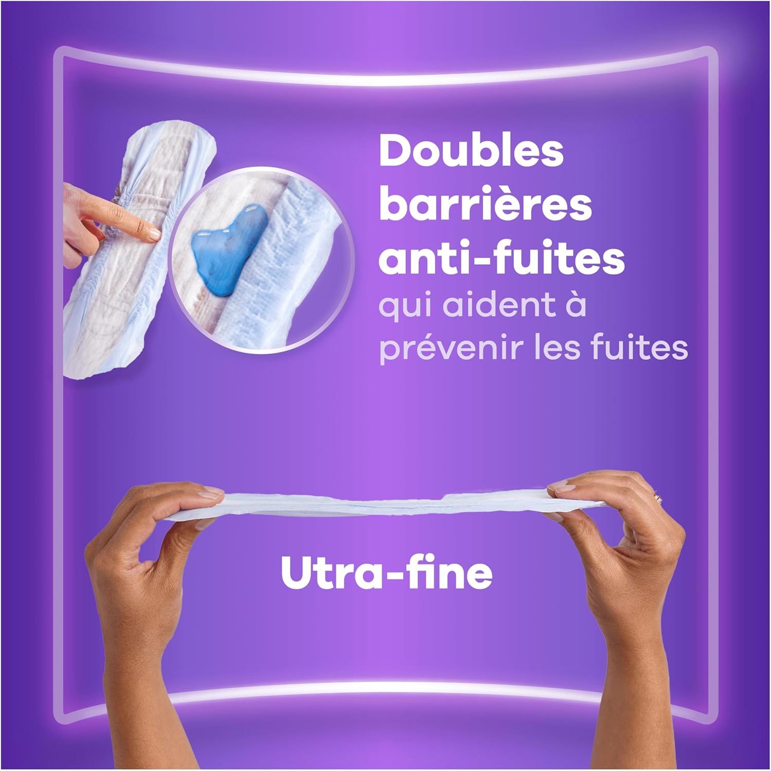 Serviette hygiénique ultra-fine avec barrières anti-fuites et démonstration d'absorption.