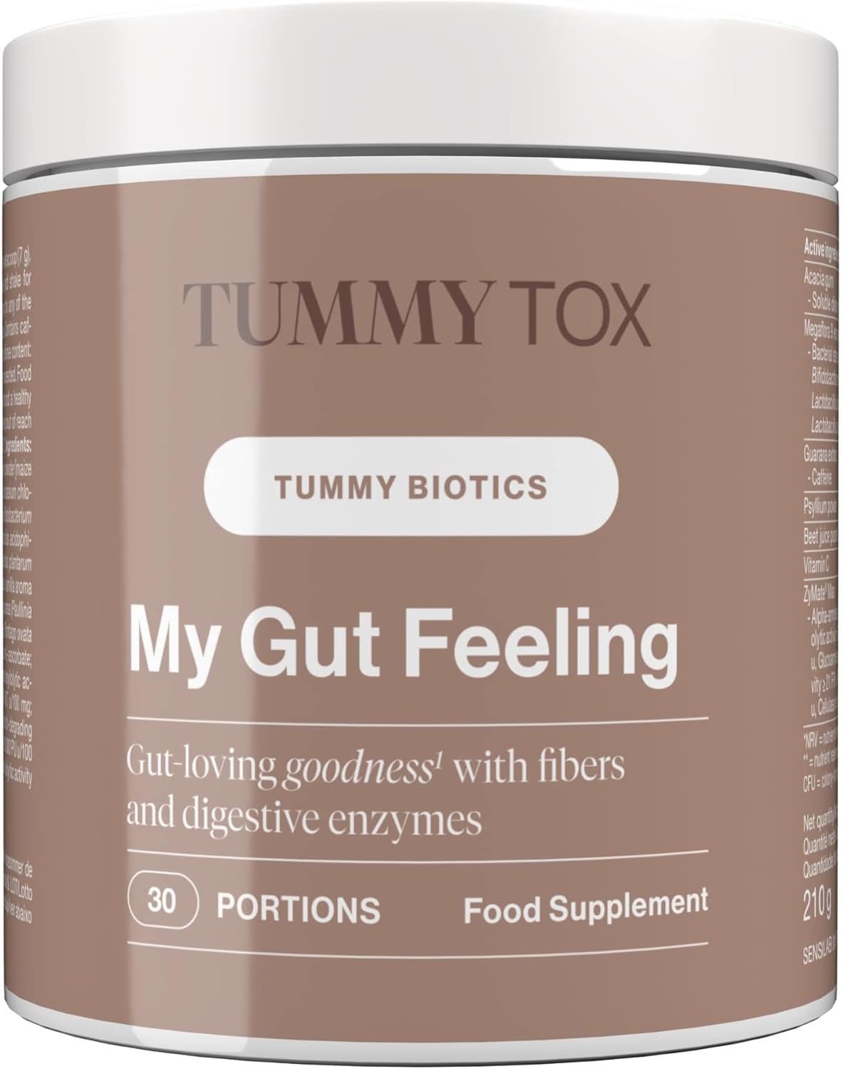 Produit "My Gut Feeling" de Tummy Tox. Pot marron avec couvercle blanc. Inscription : 30 portions, complément alimentaire. Contient fibres et enzymes digestives.