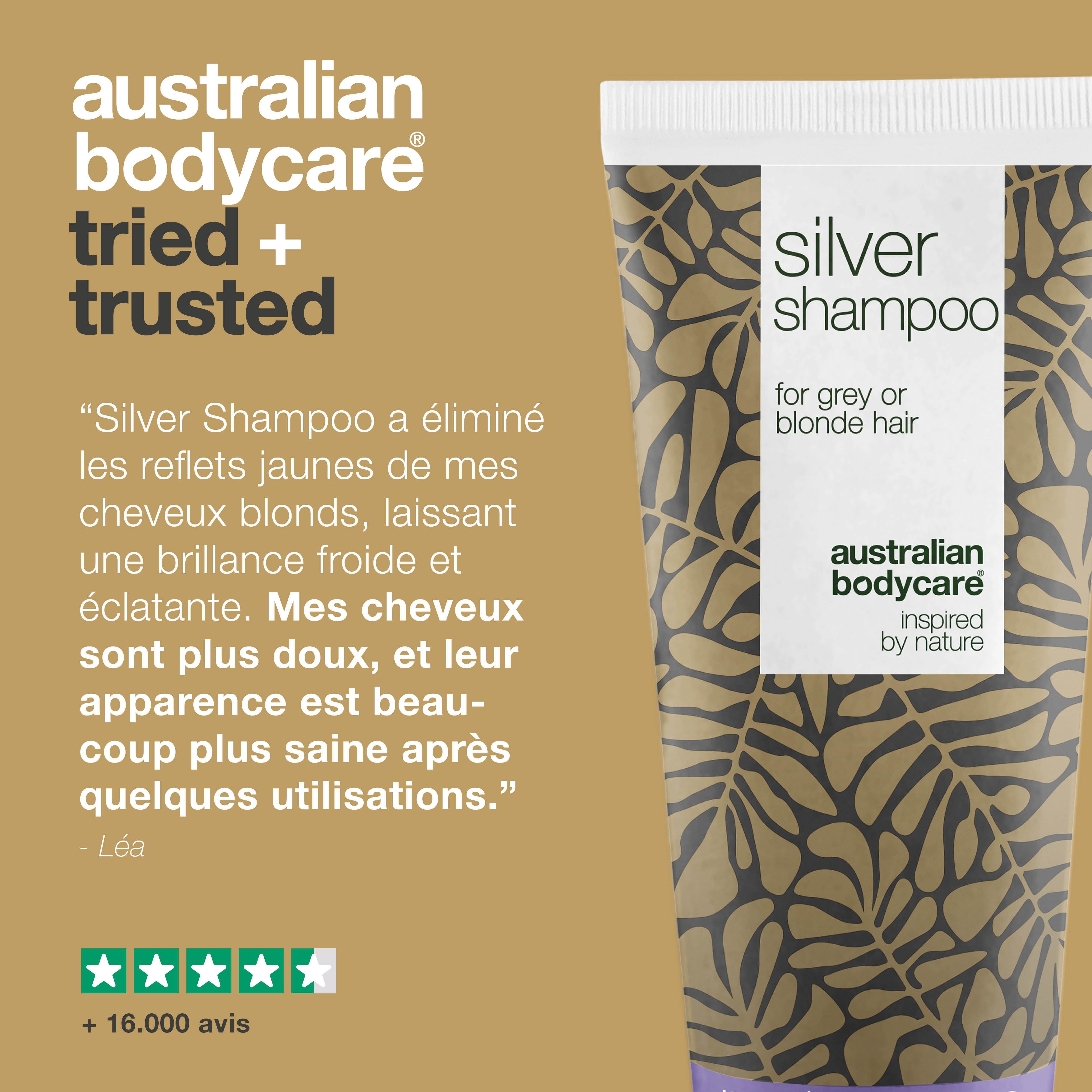 Tube de shampooing et texte : Australian Bodycare, essayé et approuvé. Citation et évaluation par étoiles.