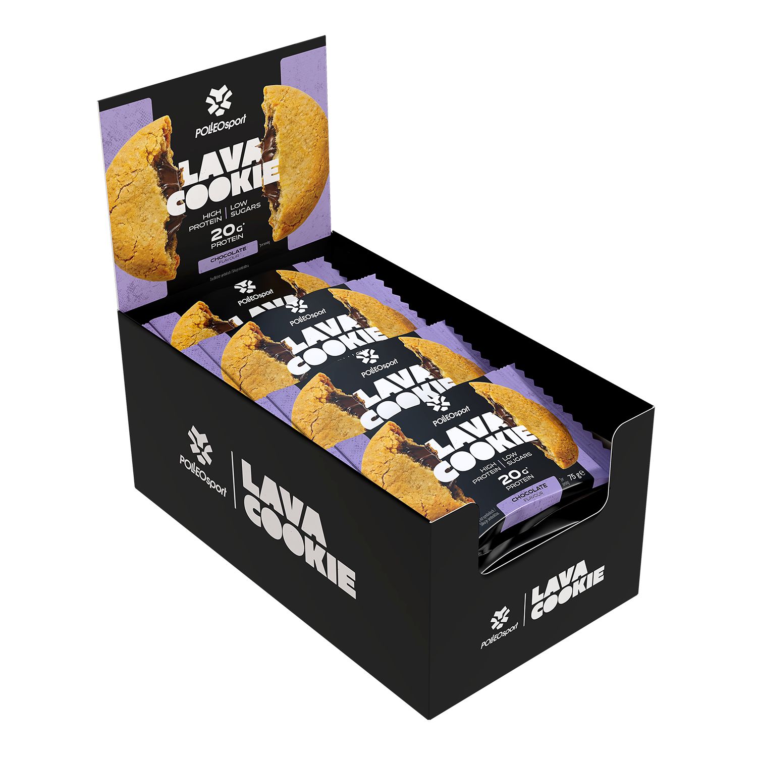 Boîte noire de PolleoSport Lava Cookie. Boîte ouverte avec cookies emballés individuellement. Inscription : Lava Cookie, 20g protéines.
