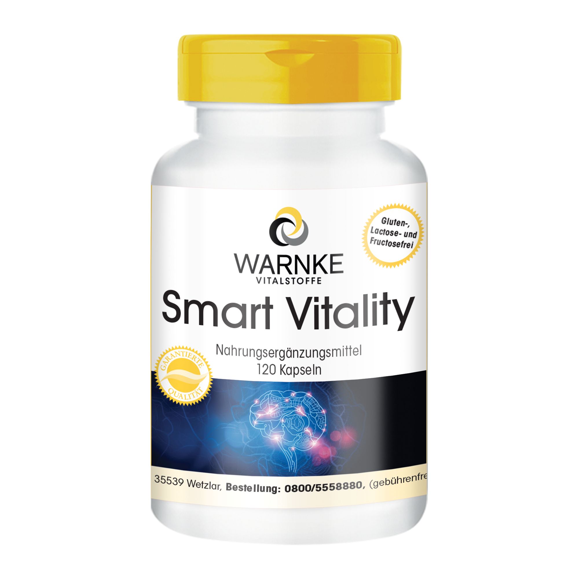 Witte fles met gele dop. Opschrift: Warnke Vitalstoffe, Smart Vitality, 120 capsules. Glutenvrij, lactosevrij en fructosevrij.