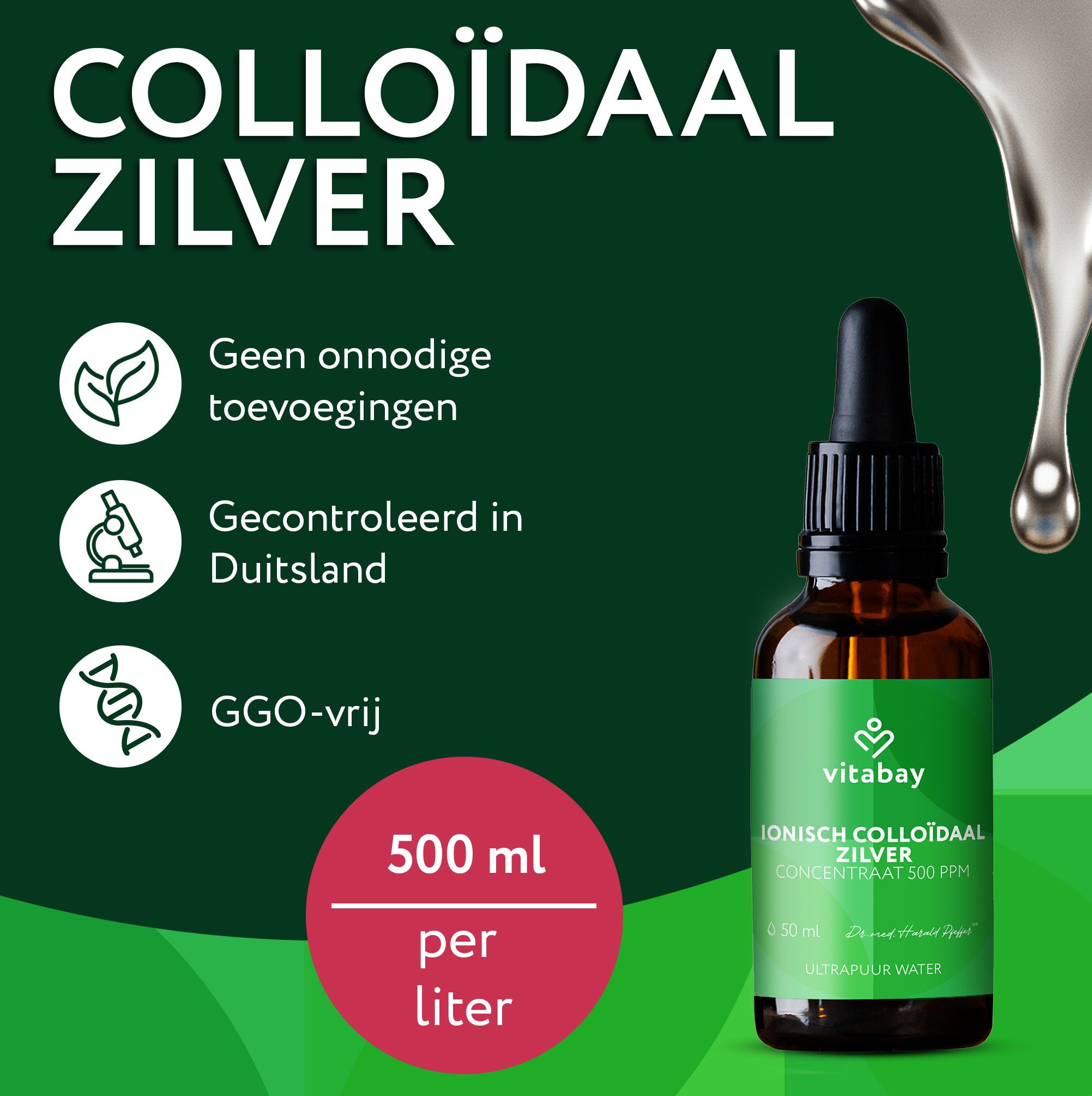 Bruine glazen fles met druppelaar, Colloïdaal Zilver Concentraat 500 PPM, 50ml, met waterdruppels.
