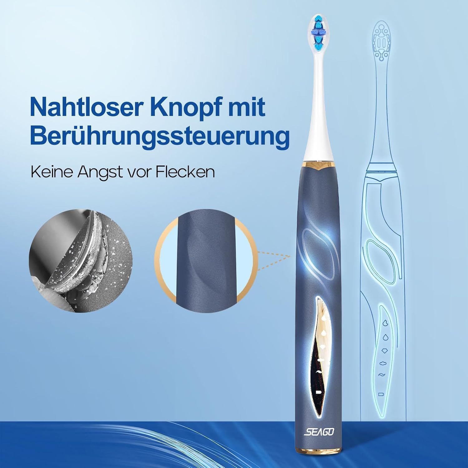 Brosse à dents électrique avec bouton sans couture et commande tactile, montre les détails de surface.