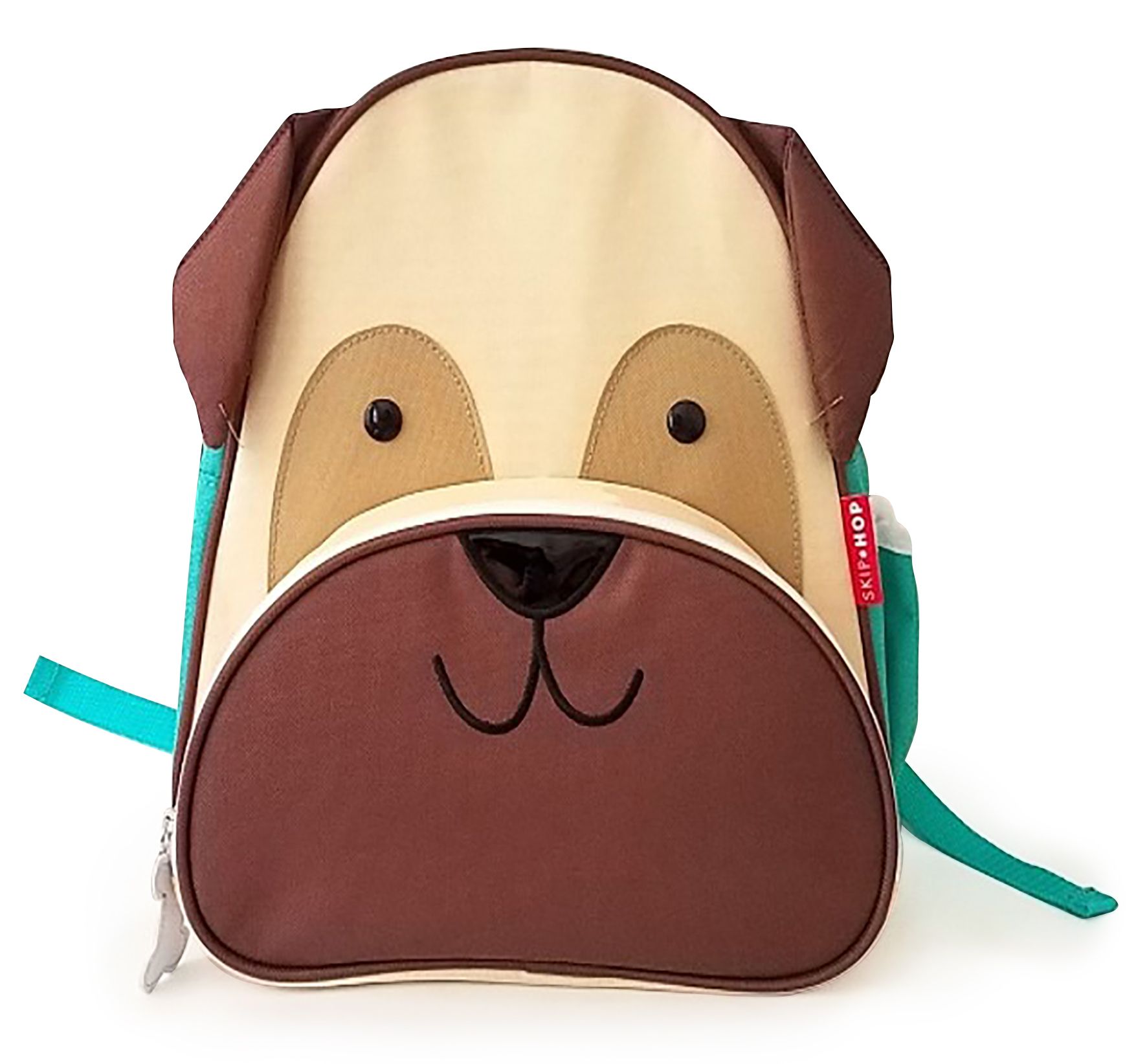 Rugzak met hondengezicht. Beige, bruin en turquoise. Ritssluiting, zijvak met logo. Oren en snuit als applicatie.