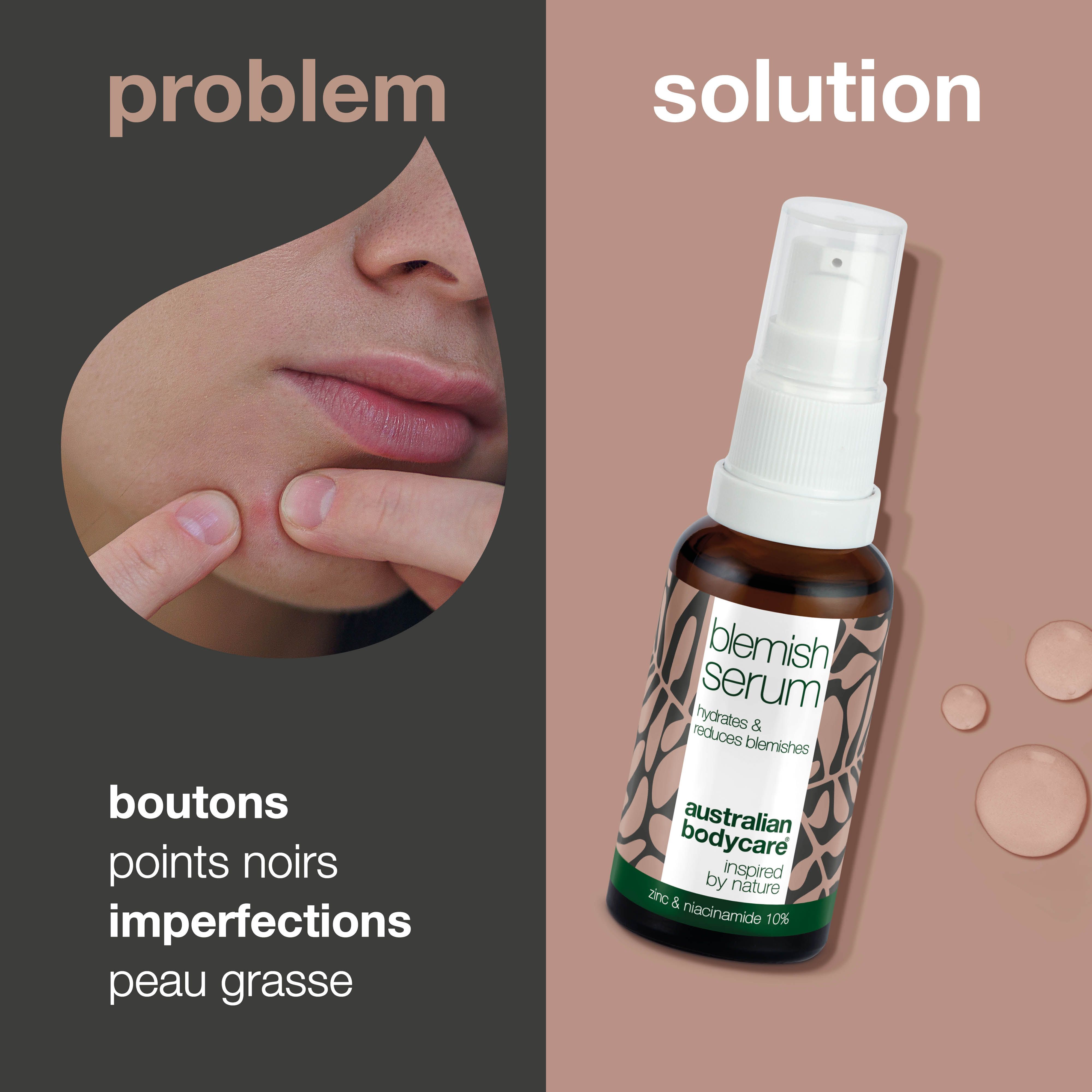 Comparaison des problèmes de peau et du sérum. Inscription : Blemish Serum, Australian Bodycare.
