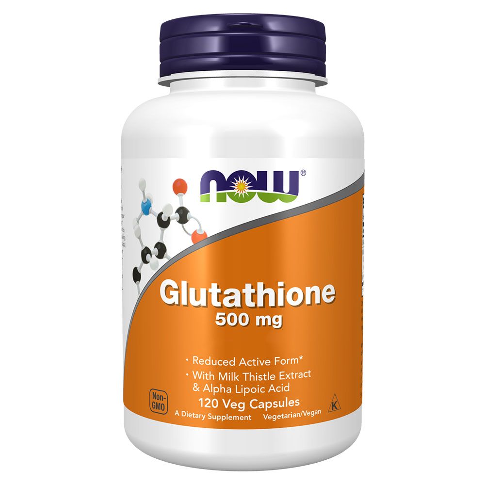 Witte fles met blauwe dop. Etiket met "NOW", "Glutathion 500 mg" en details. 120 Veg. Capsules.