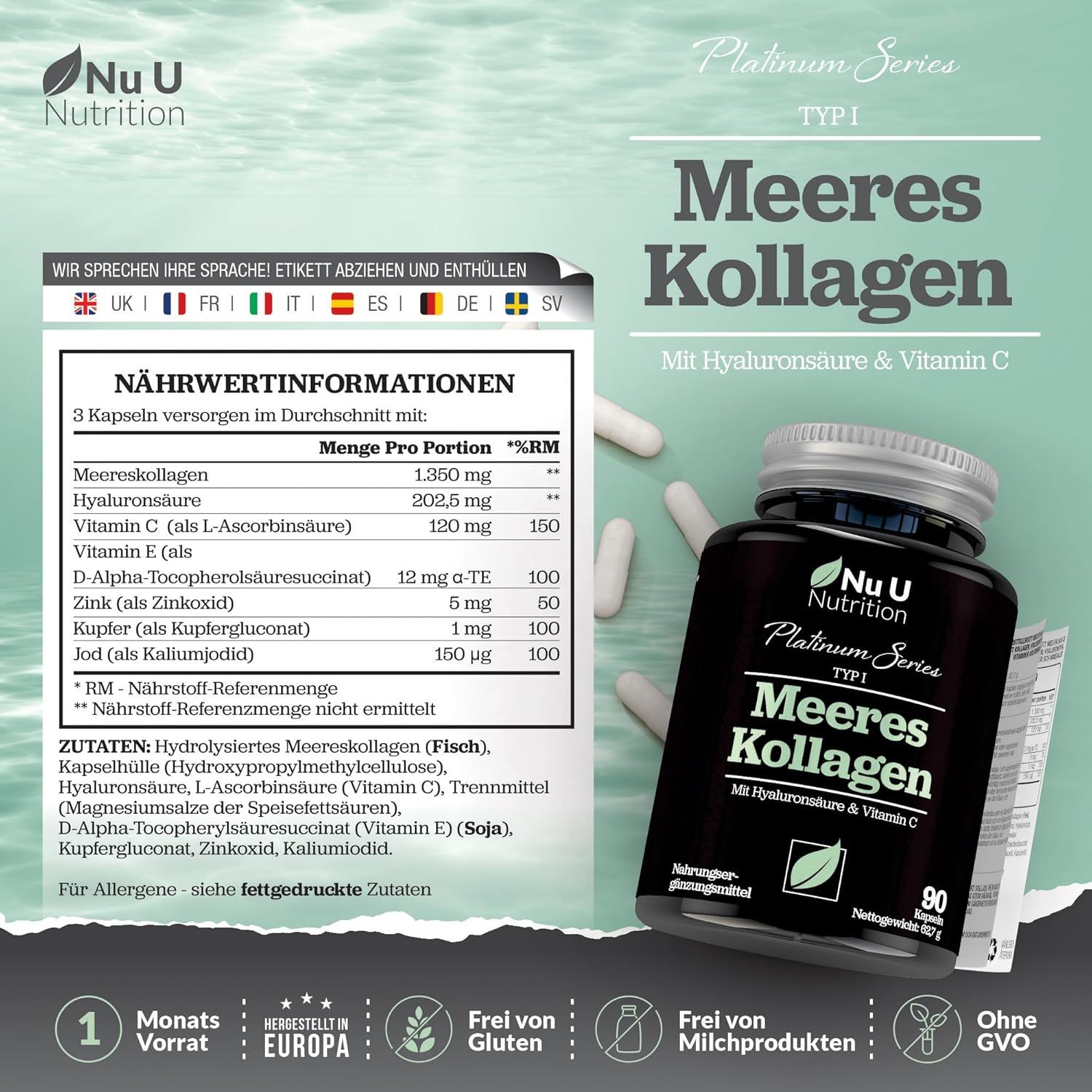 Flacon noir avec capsules. Inscription : Nu U Nutrition, Meeres Kollagen, Type I, avec acide hyaluronique et vitamine C. 90 gélules.