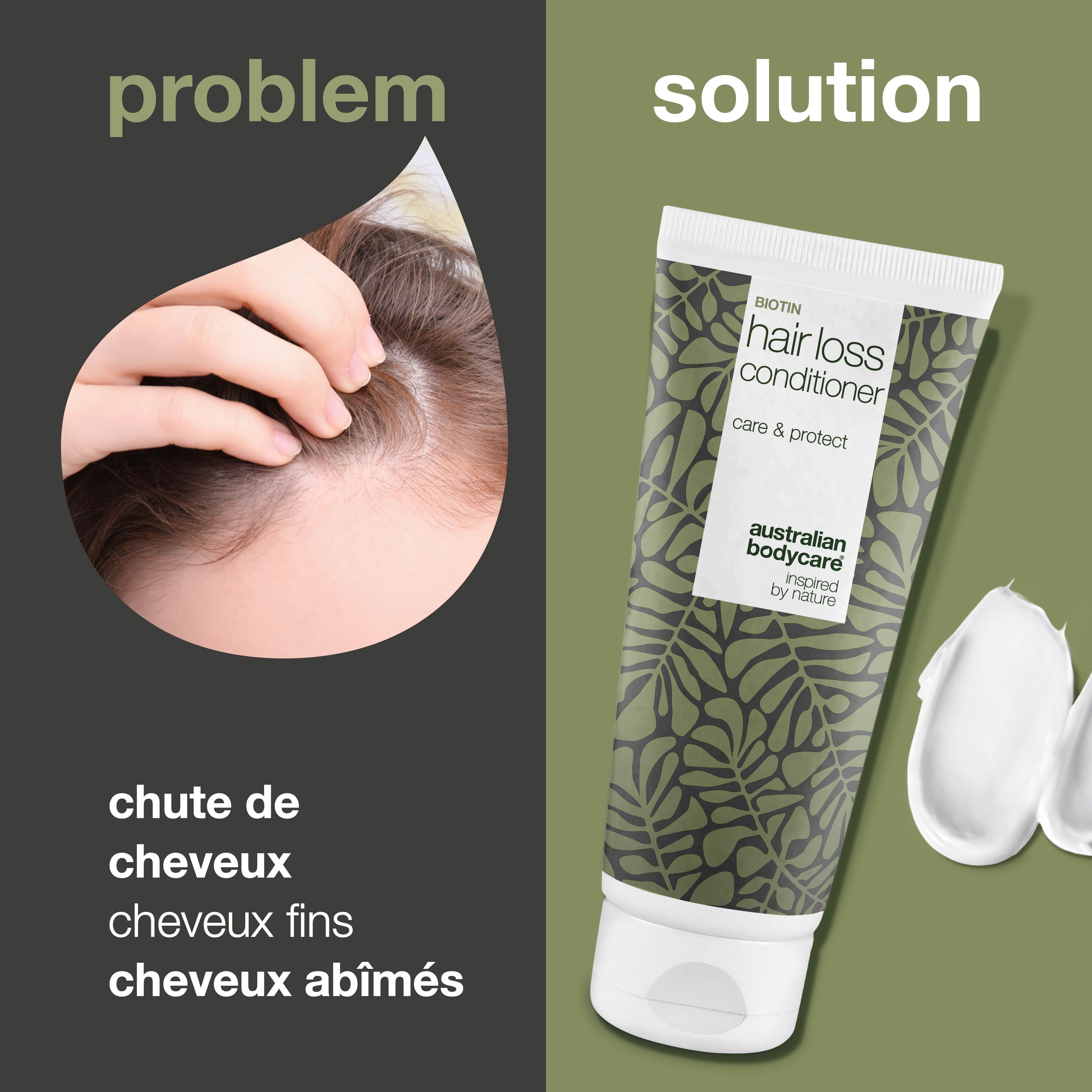 Comparaison : problème et solution. Chute de cheveux et tube de revitalisant contre la chute des cheveux. Texte: Hair loss conditioner, Australian Bodycare.
