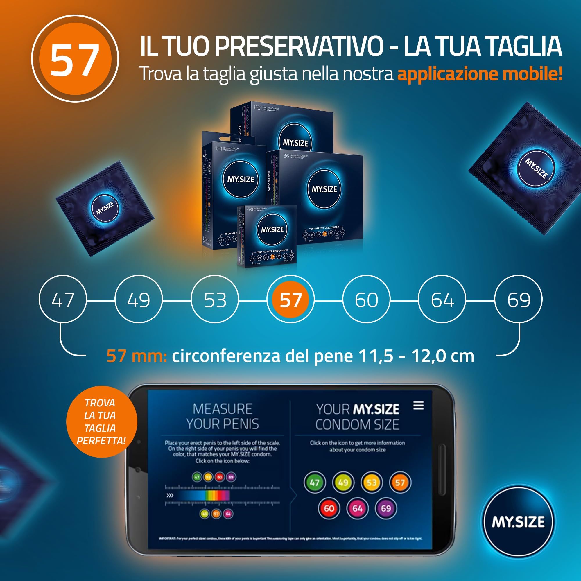 Plusieurs boîtes de préservatifs MY.SIZE et préservatifs individuels. Tailles indiquées de 47 à 69 mm.