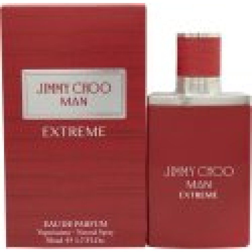 Rode parfumfles en verpakking. Opschrift: JIMMY CHOO MAN EXTREME. Eau de Parfum. 50 ml.