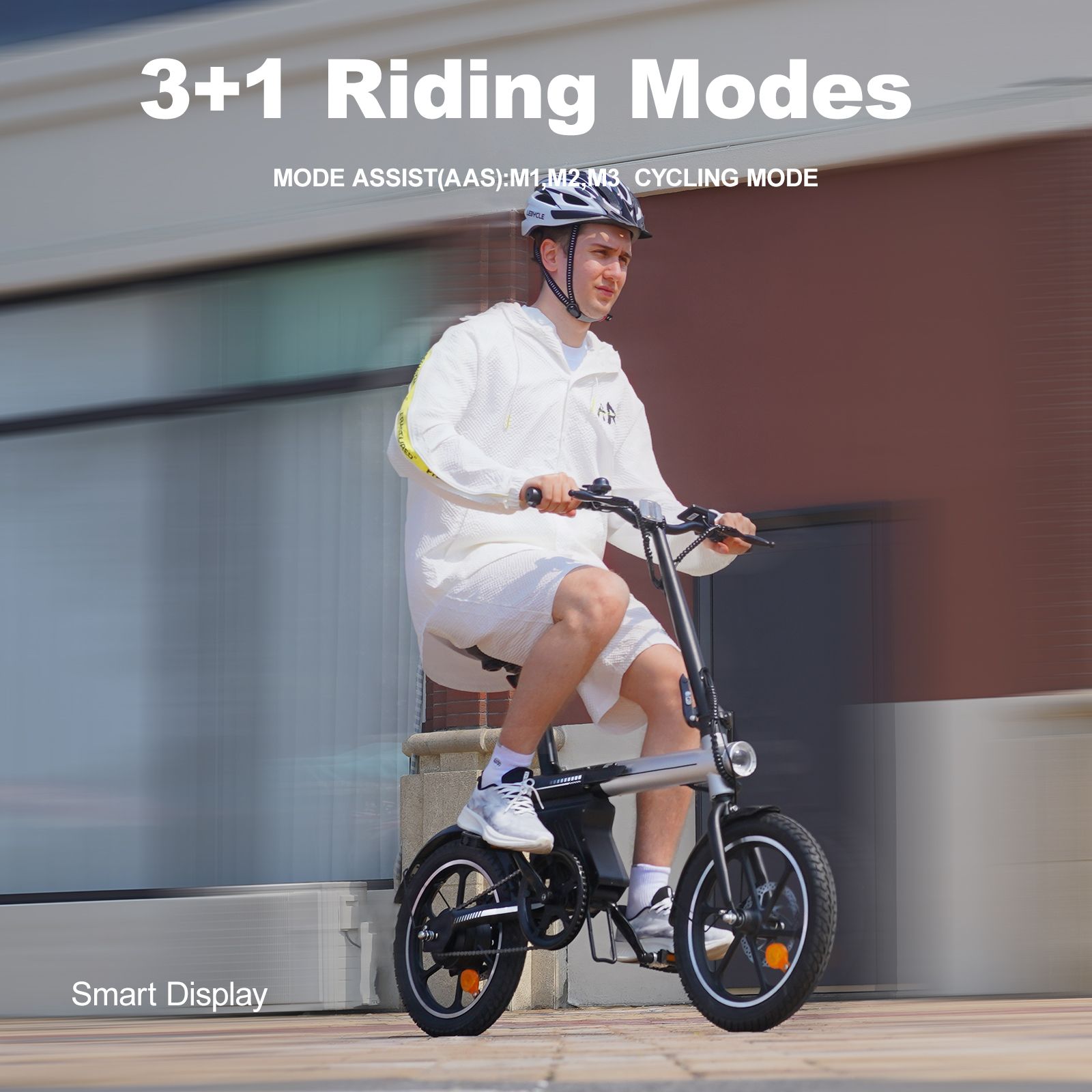 Vélo électrique pliable noir et argent, avec cycliste. 3+1 modes de conduite. Écran intelligent.