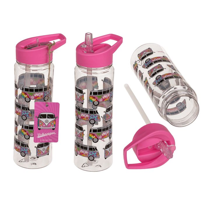 Drinkfles met roze dop en rietje. Transparant met VW T1 Bus-motief. Label met logo.