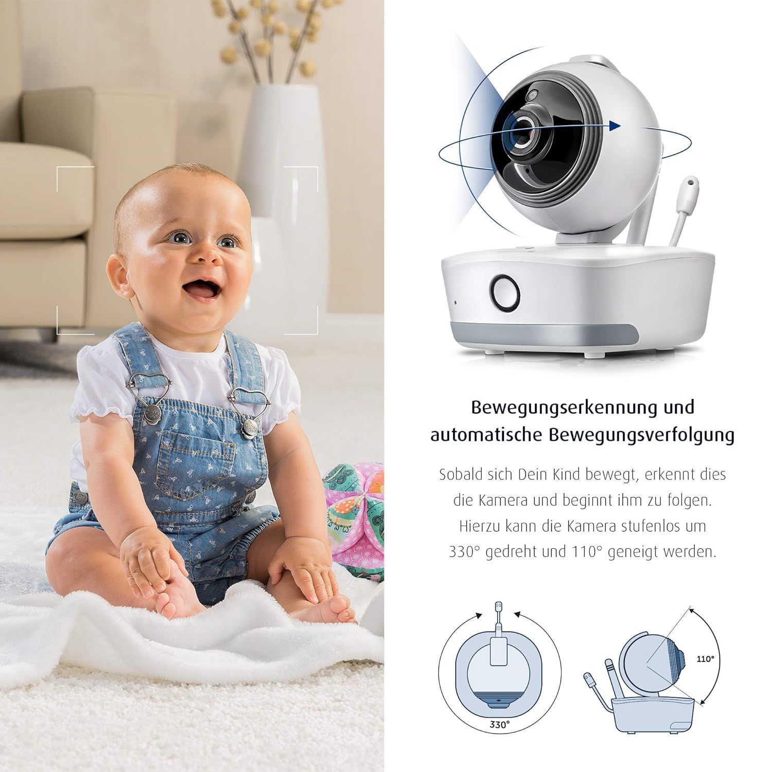 Babyphone avec caméra et bébé. Caméra blanche, ronde. Bébé sourit. Texte: Détection de mouvement et suivi automatique.