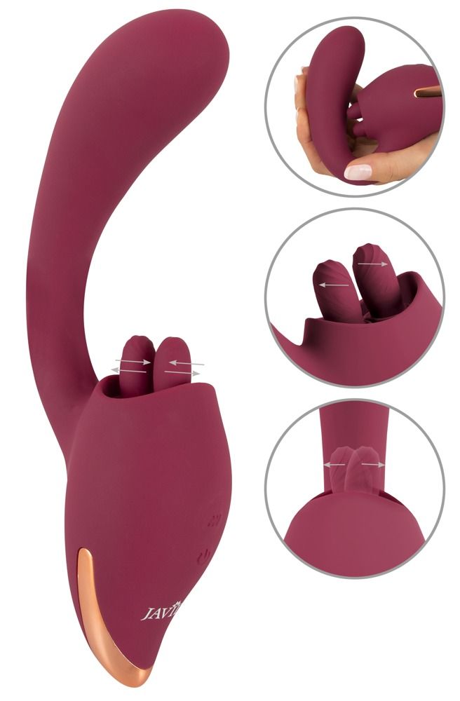 Paarse vibrator met twee stimulatoren aan de punt en een gebogen schacht. Toont details van de stimulatoren.