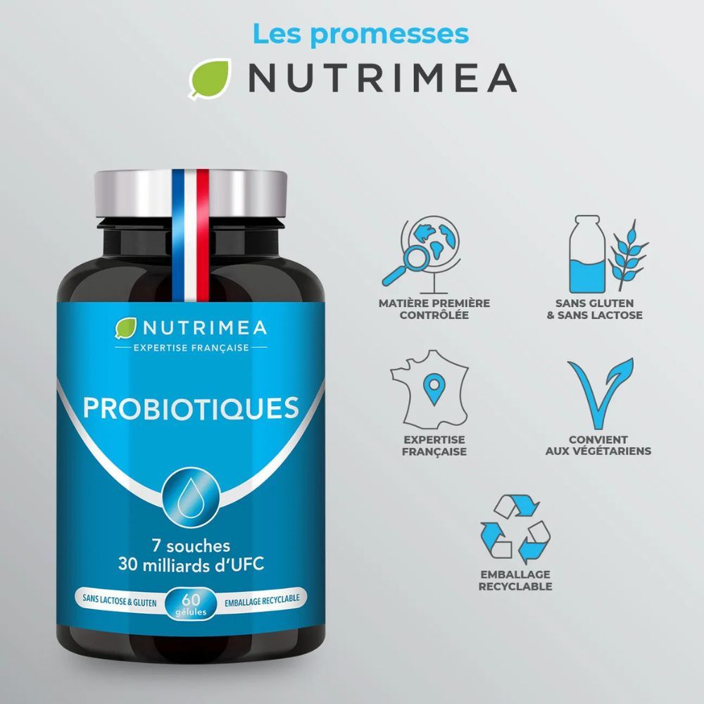 Flacon PROBIOTIQUES. 7 souches, 30 milliards d'UFC. Sans lactose & gluten. Convient aux végétariens.