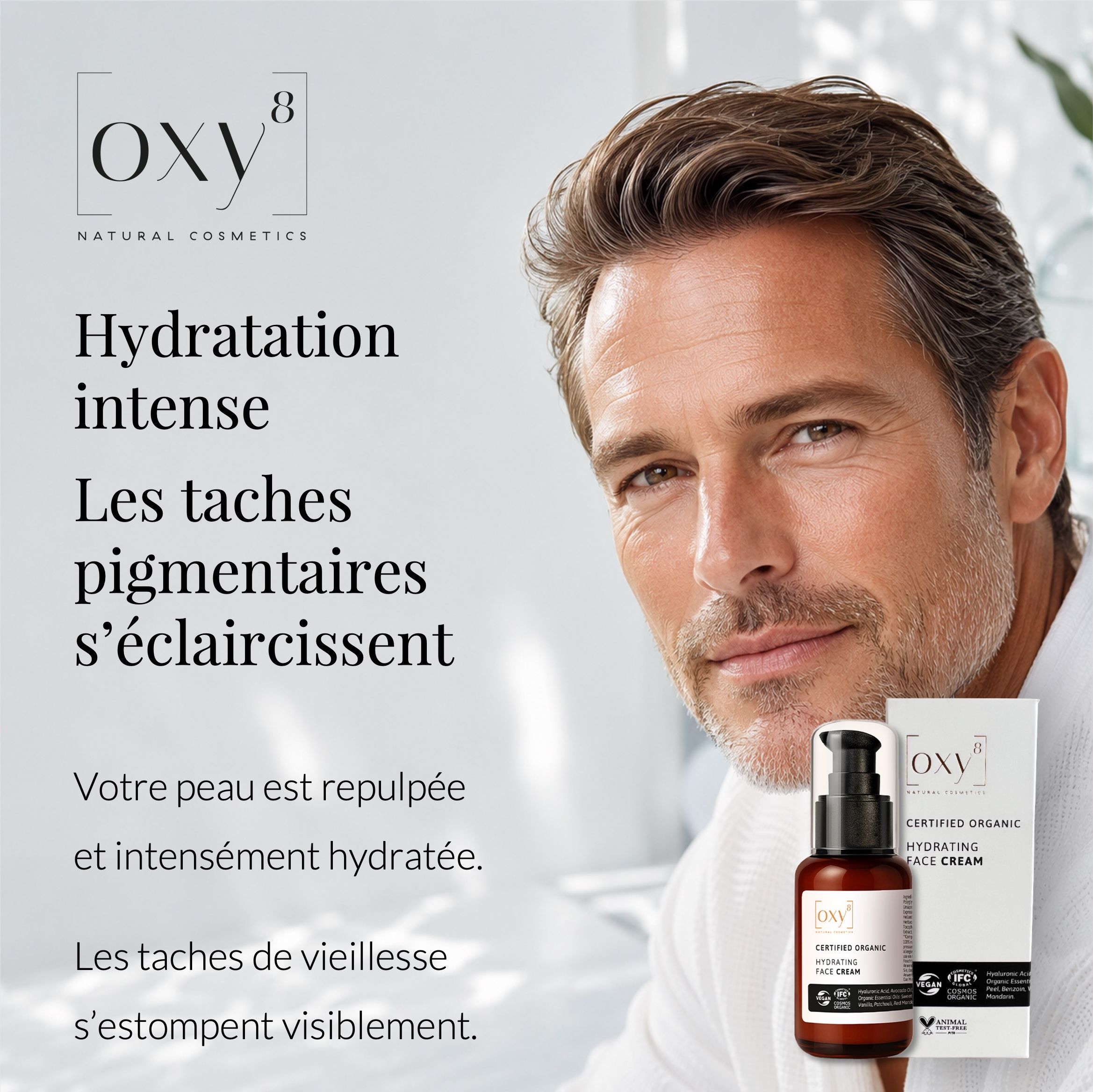 Homme avec crème de jour OXY8 : Hydratation intense, taches pigmentaires éclaircies.