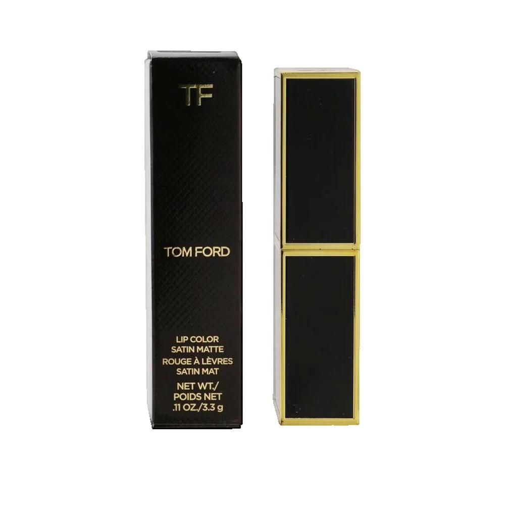 Emballage de rouge à lèvres noir avec accents dorés. Inscription: Tom Ford, Lip Color Satin Matte, Rouge à Lèvres Satin Mat.