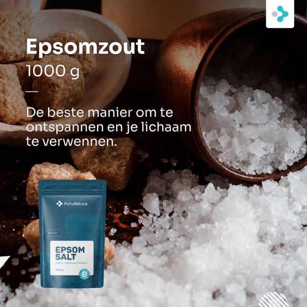 FutuNatura Epsomzout, 1000 g, in zakje. Zout in kom en op tafel. Tekst: De beste manier om te ontspannen.