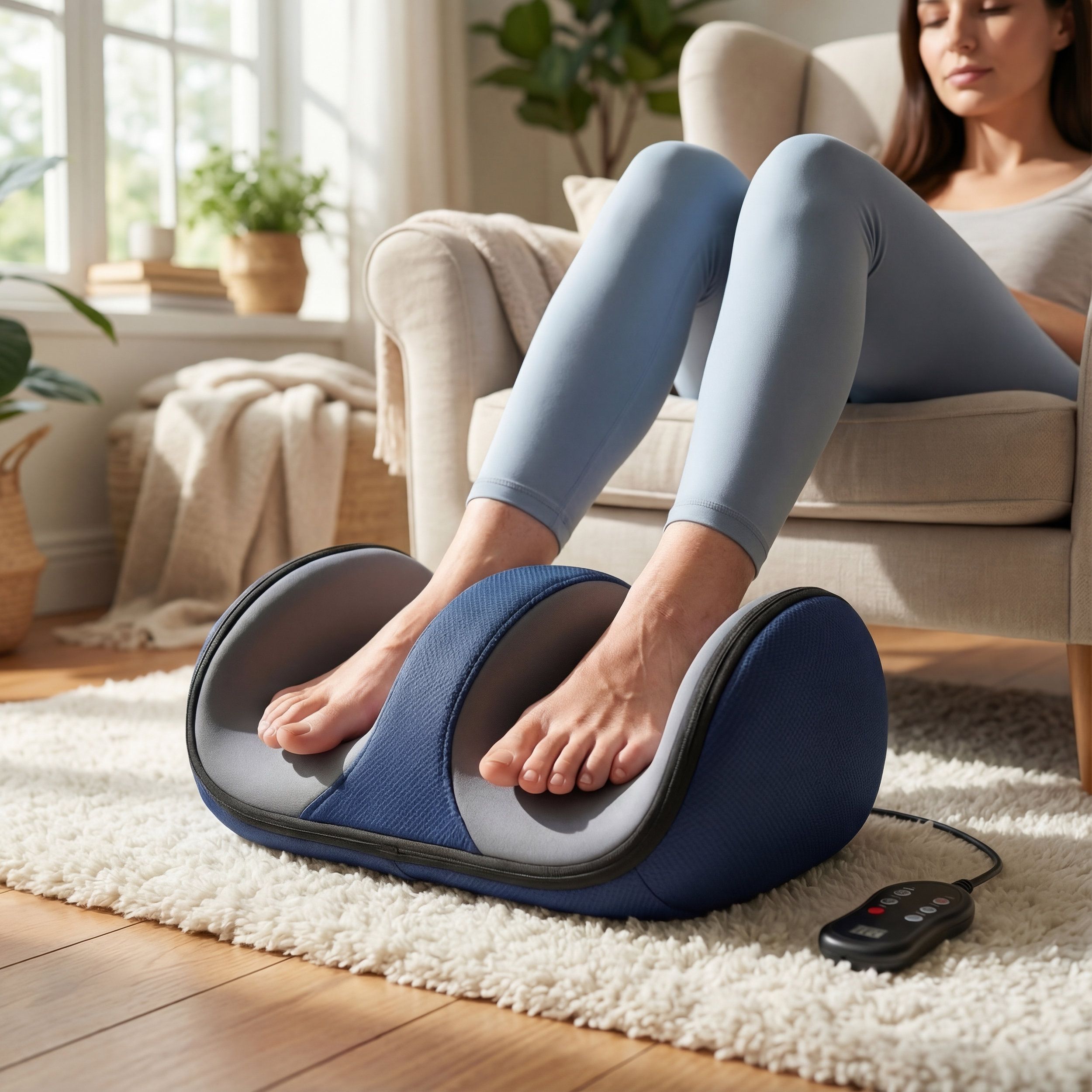 Femme assise dans un fauteuil, pieds sur un masseur de pieds bleu. Télécommande.